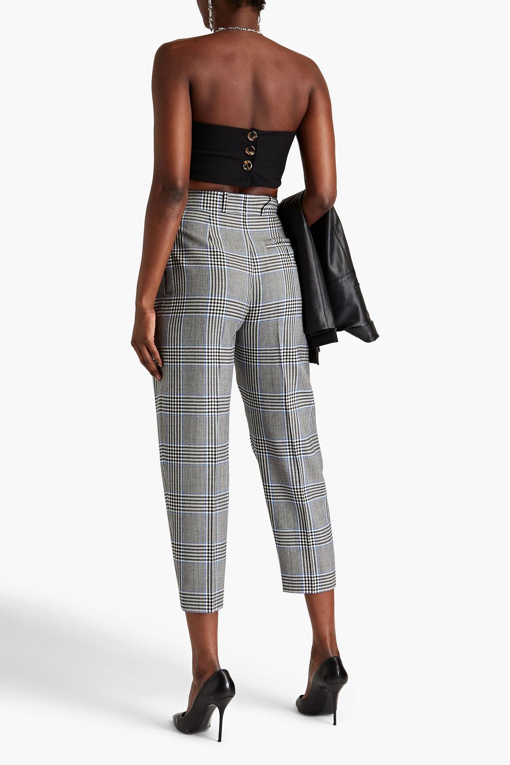 MCQUEEN Cropped pleated Prince of Wales checked wool tapered pants