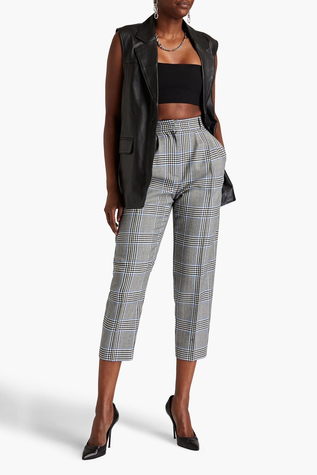 MCQUEEN Cropped pleated Prince of Wales checked wool tapered pants