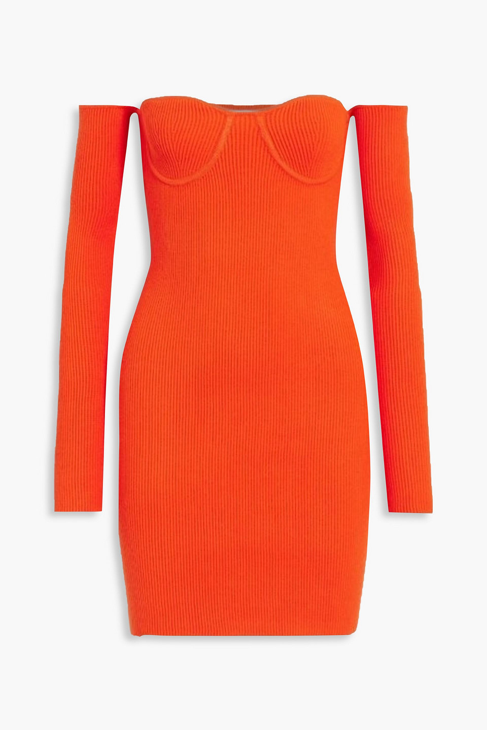 Shop Helmut Lang Off-the-shoulder Ribbed-knit Mini Dress In Orange