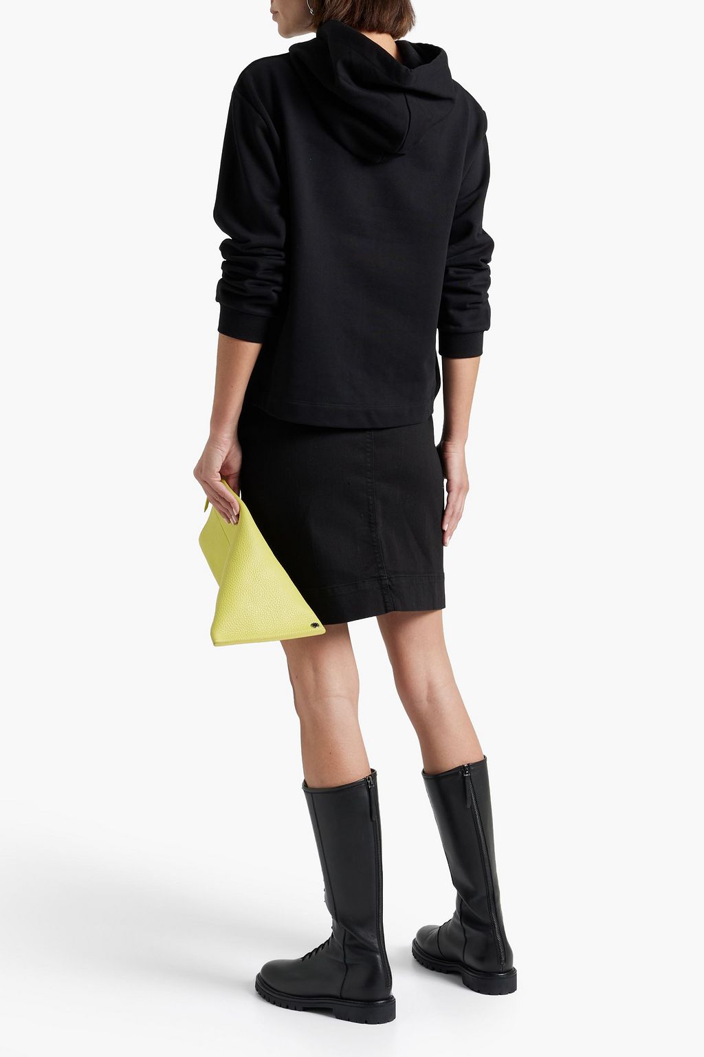 LOVE MOSCHINO Patent leather-trimmed denim mini skirt