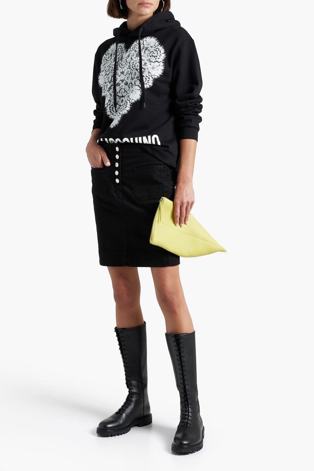 LOVE MOSCHINO Patent leather-trimmed denim mini skirt
