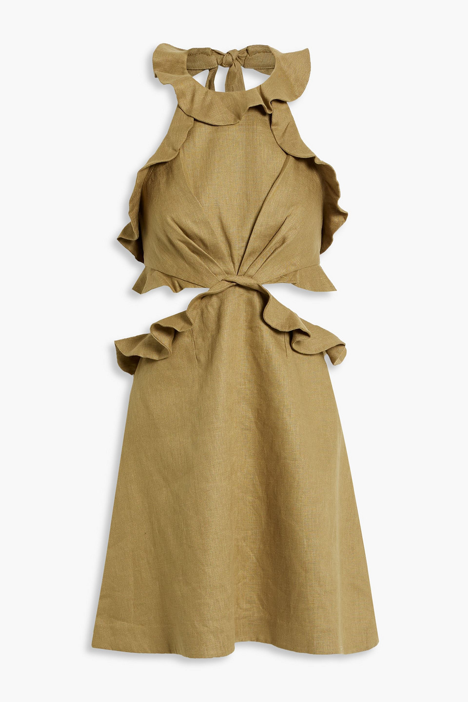 Zimmermann Cutout Ruffled Linen Mini Dress In Army Green