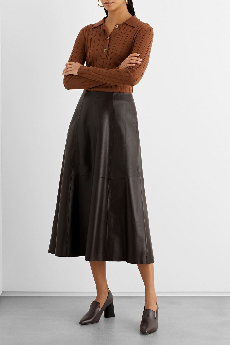Iris & Ink Jacqueline Leather Midi Skirt In Dark Brown