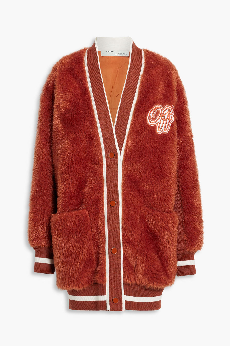 Off-white Embroidered Logo Furry Varsity Cardigan In Brick