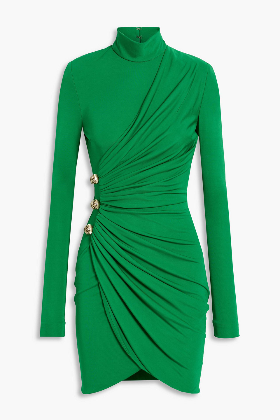 Elie Saab Button-embellished Ruched Jersey Mini Dress In Green | ModeSens
