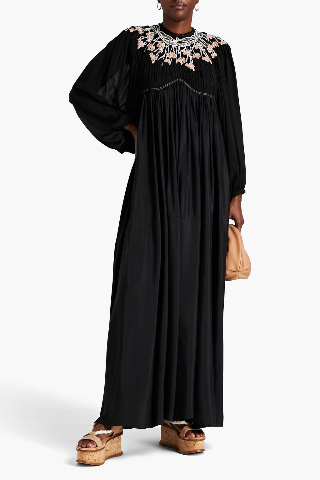 CHLOÉ Gerafftes Maxikleid aus Seiden-Georgette mit Stickereien