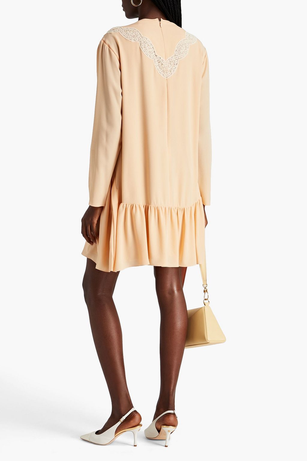 CHLOÉ Gathered lace-trimmed silk crepe de chine dress