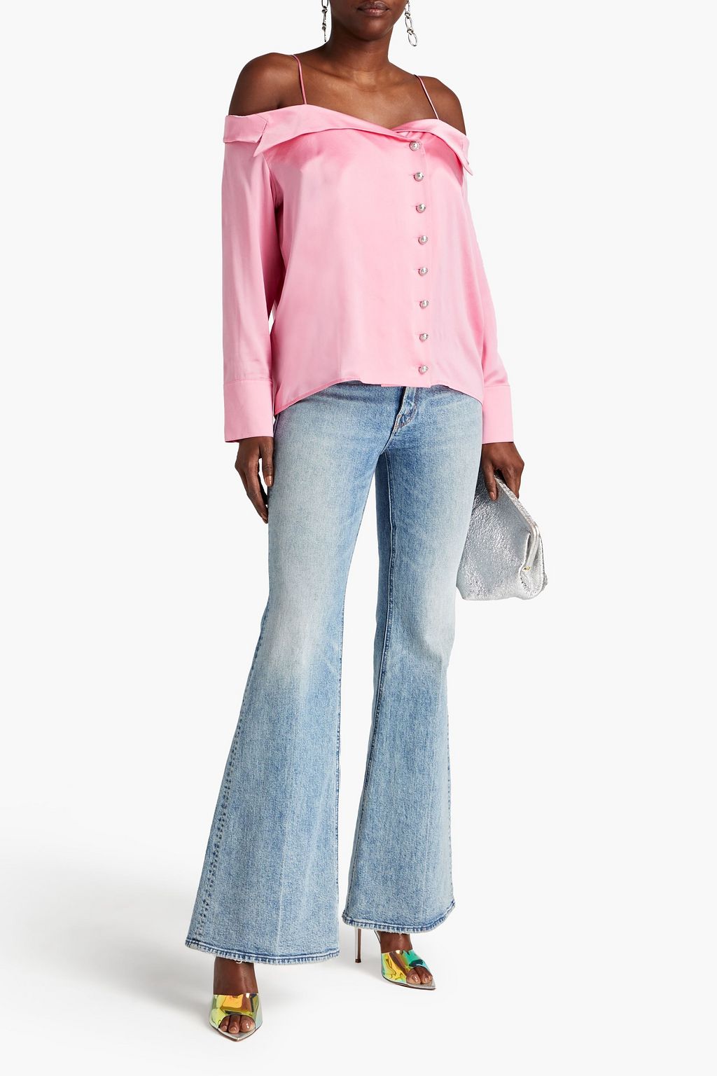 BALMAIN Cold-shoulder silk-satin top