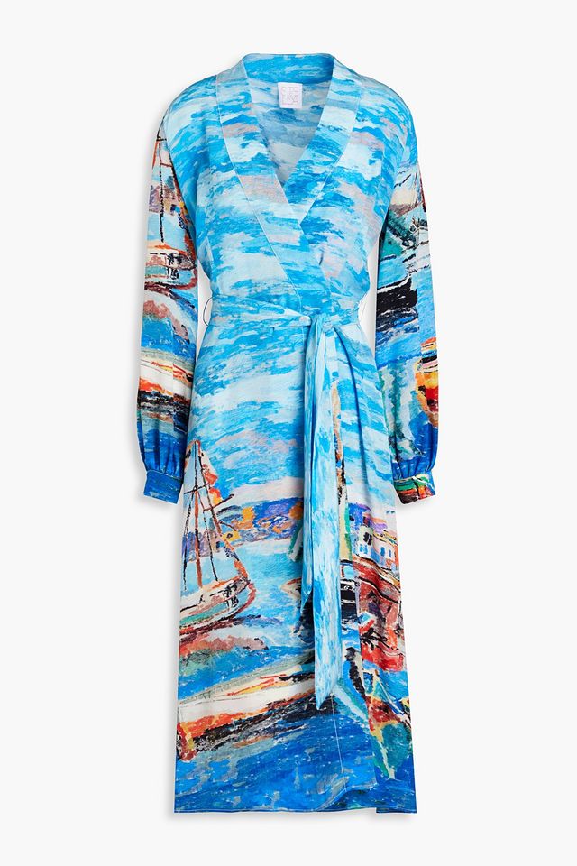 Printed silk crepe de chine midi wrap dress