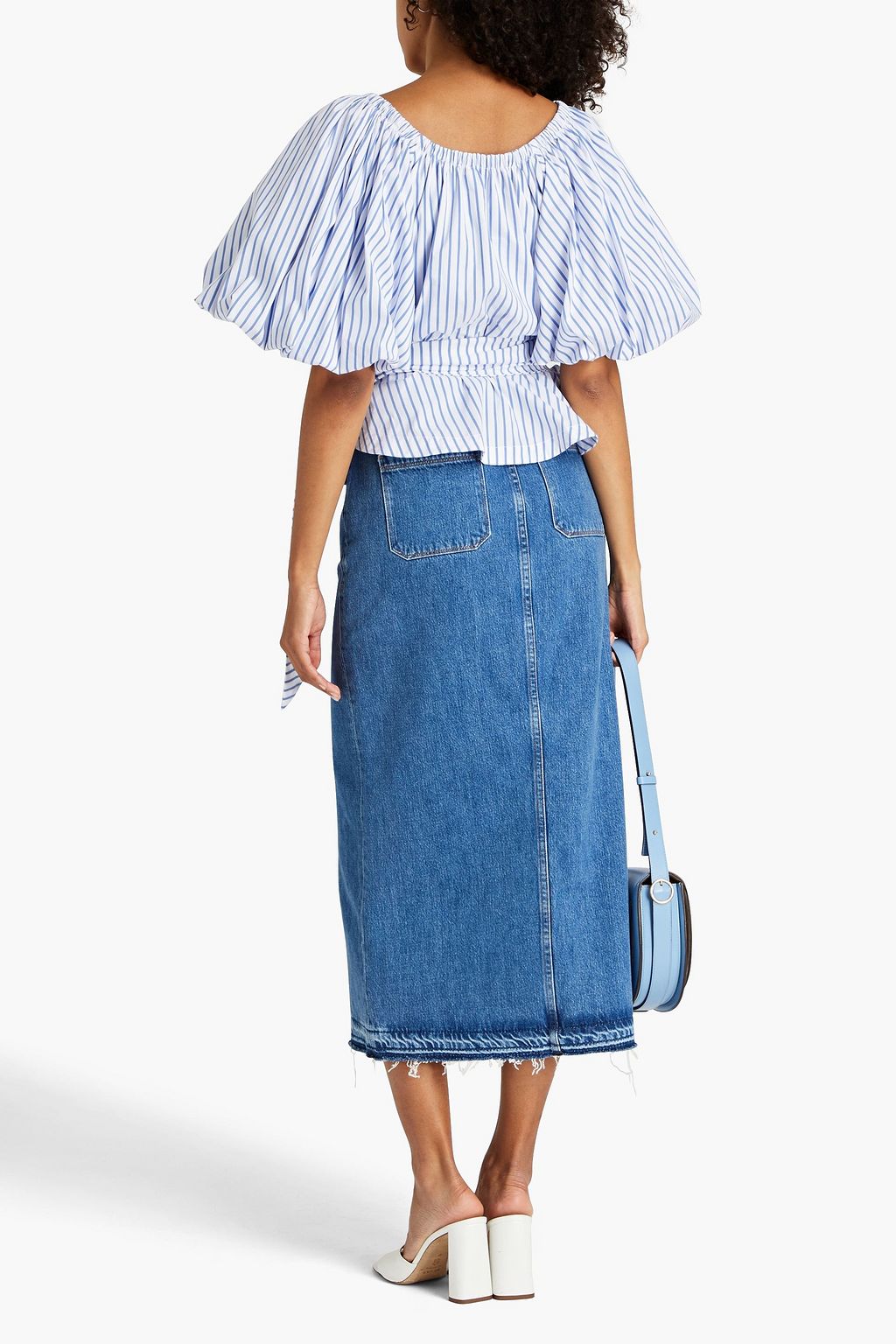 STELLA JEAN Gathered striped cotton-blend poplin peplum top