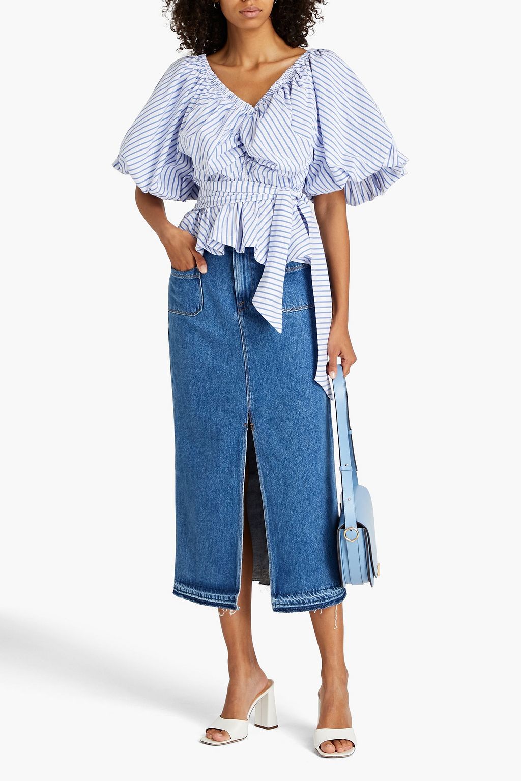 STELLA JEAN Gathered striped cotton-blend poplin peplum top