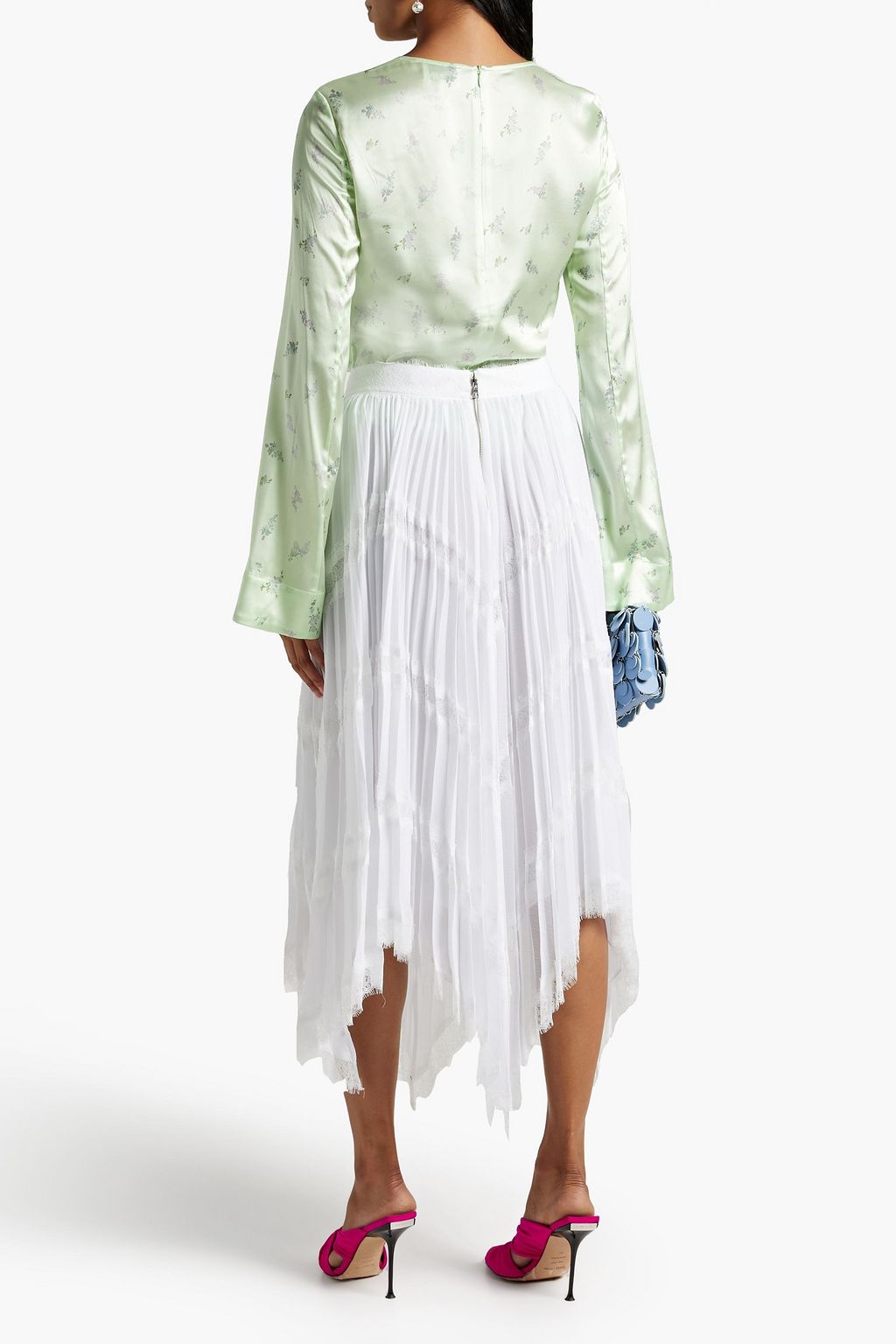 ALICE + OLIVIA تنورة كاتز متوسطة الطول من الشيفون بتصميم ثنيات وحواف من الدانتيل