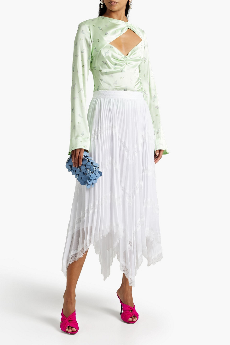 Shop Alice And Olivia Katz Lace-trimmed Plissé-chiffon Midi Skirt In White