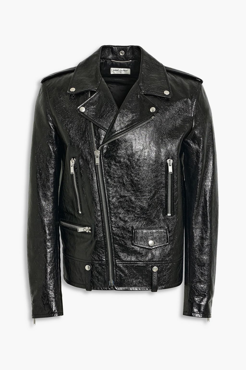 Black Glossed textured-leather biker jacket | SAINT LAURENT | THE OUTNET