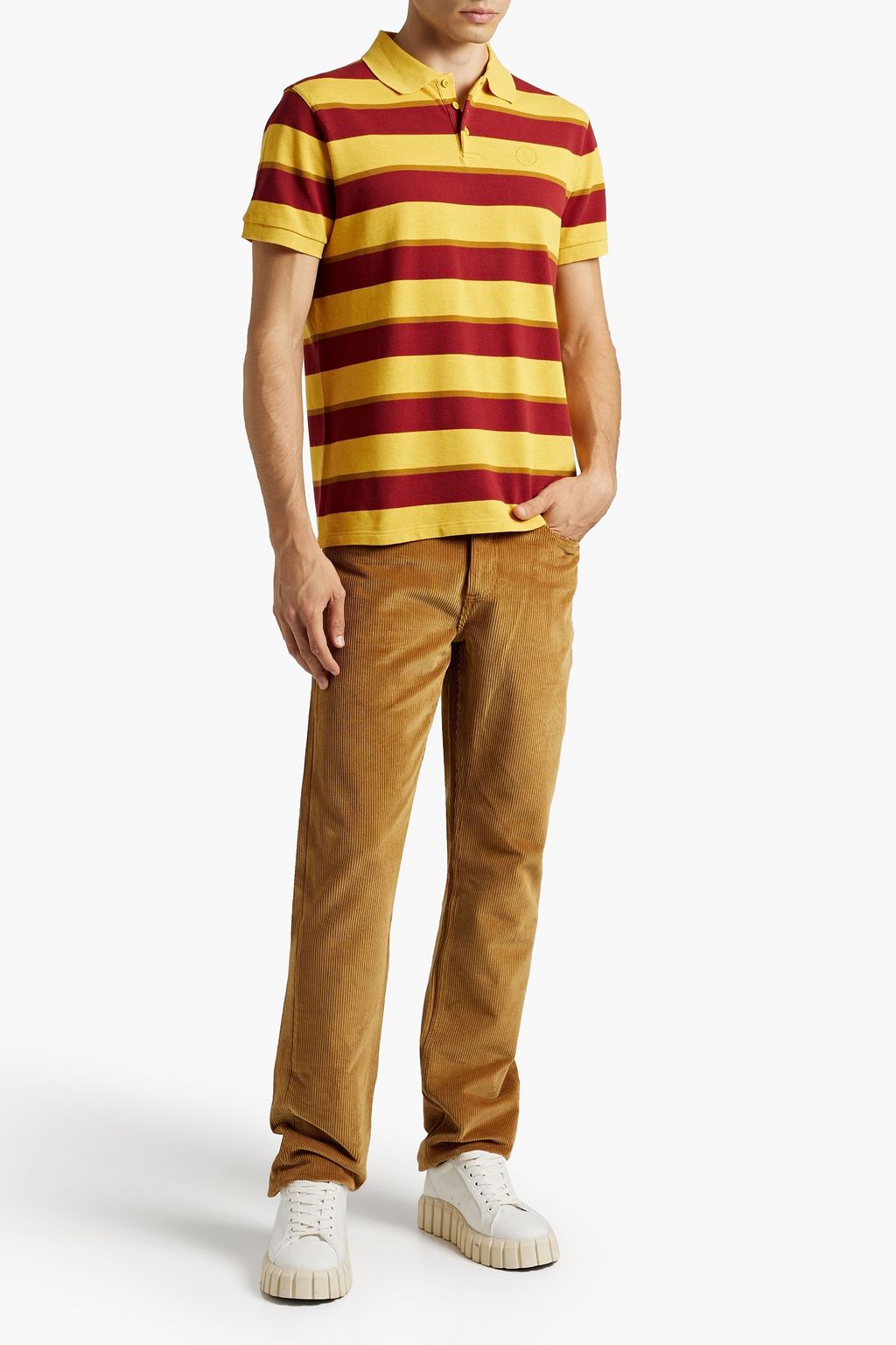 SAINT LAURENT Embroidered striped cotton-piqué polo shirt