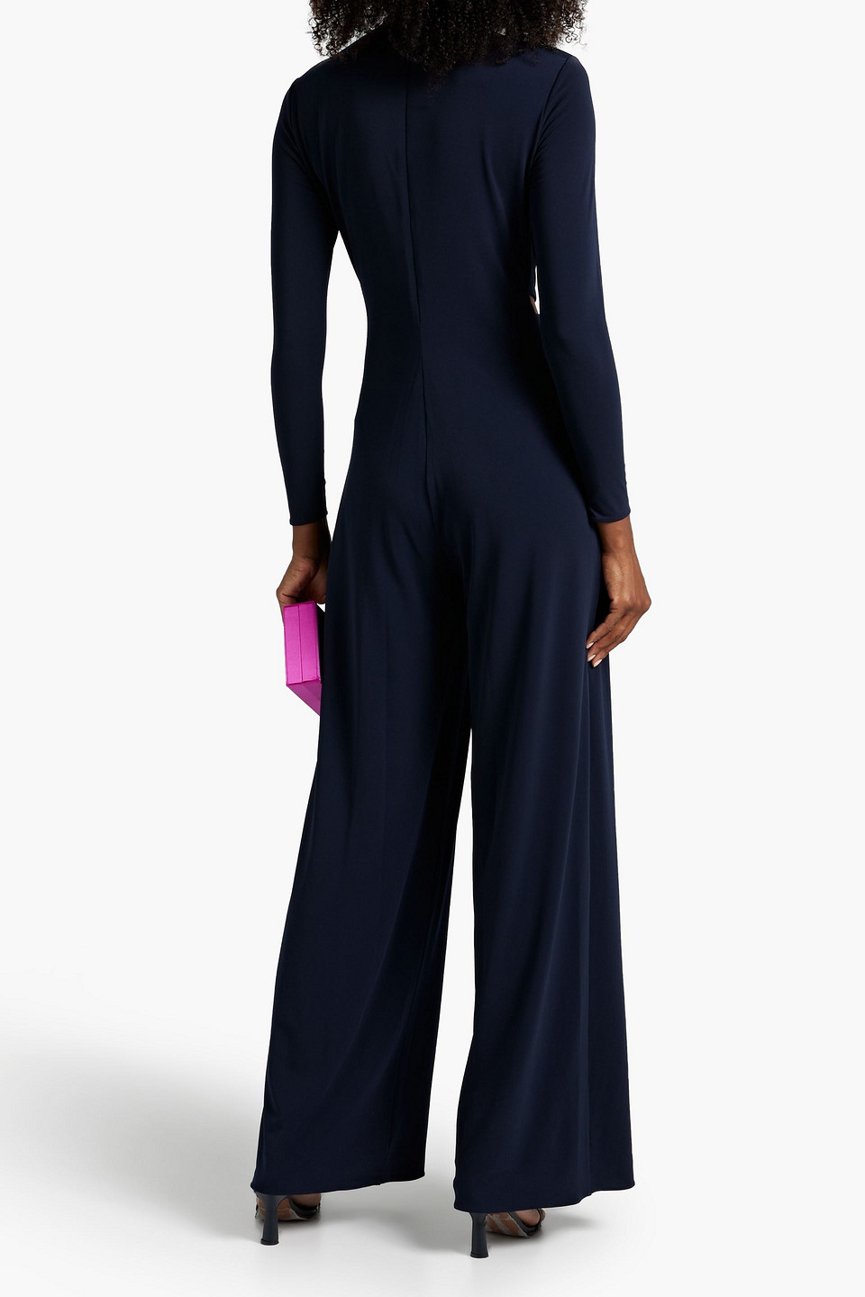 Shop Halston Kathryn Twist-front Cutout Jersey Wide-leg Jumpsuit In Navy