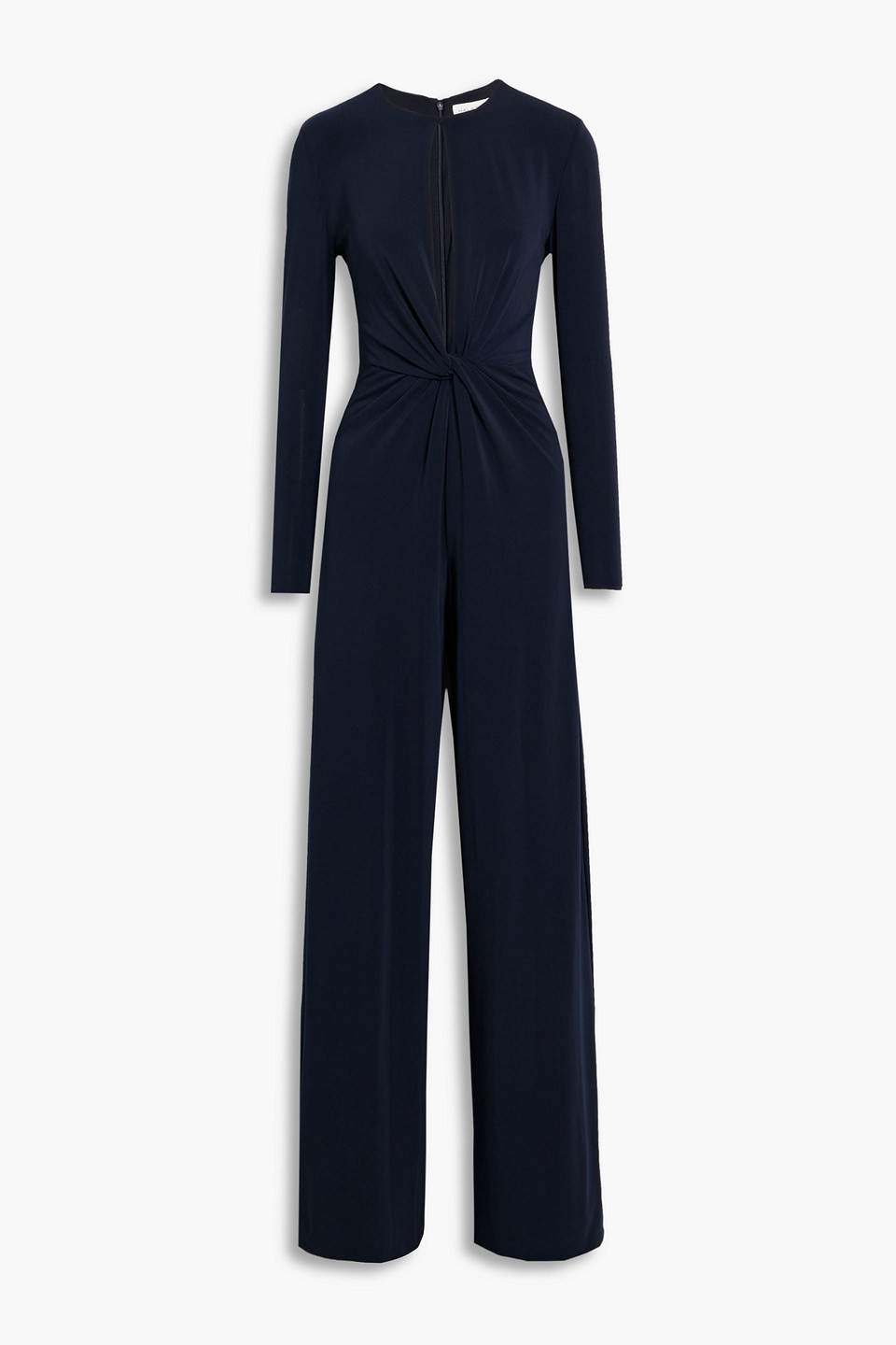 Shop Halston Kathryn Twist-front Cutout Jersey Wide-leg Jumpsuit In Navy