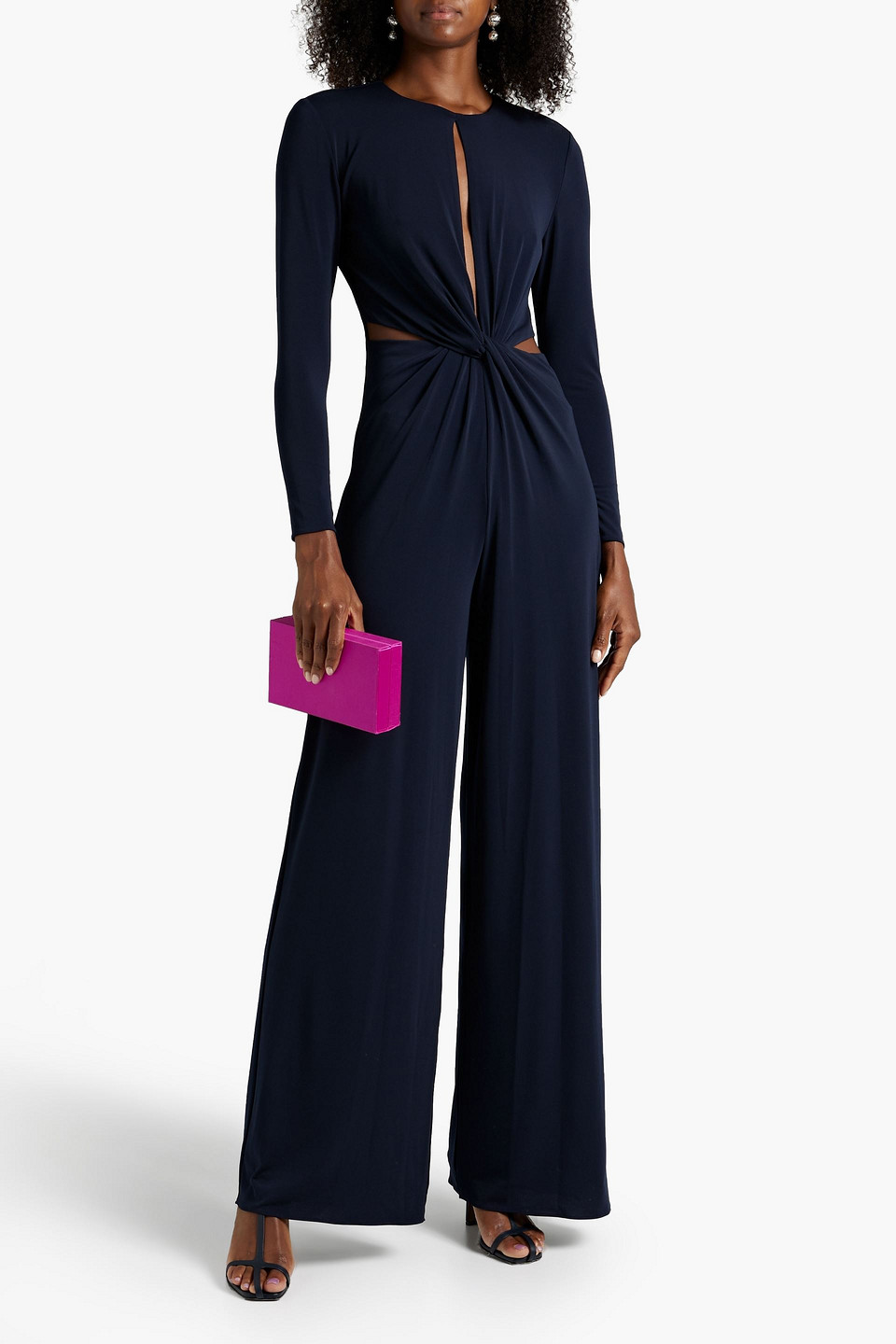 Shop Halston Kathryn Twist-front Cutout Jersey Wide-leg Jumpsuit In Navy