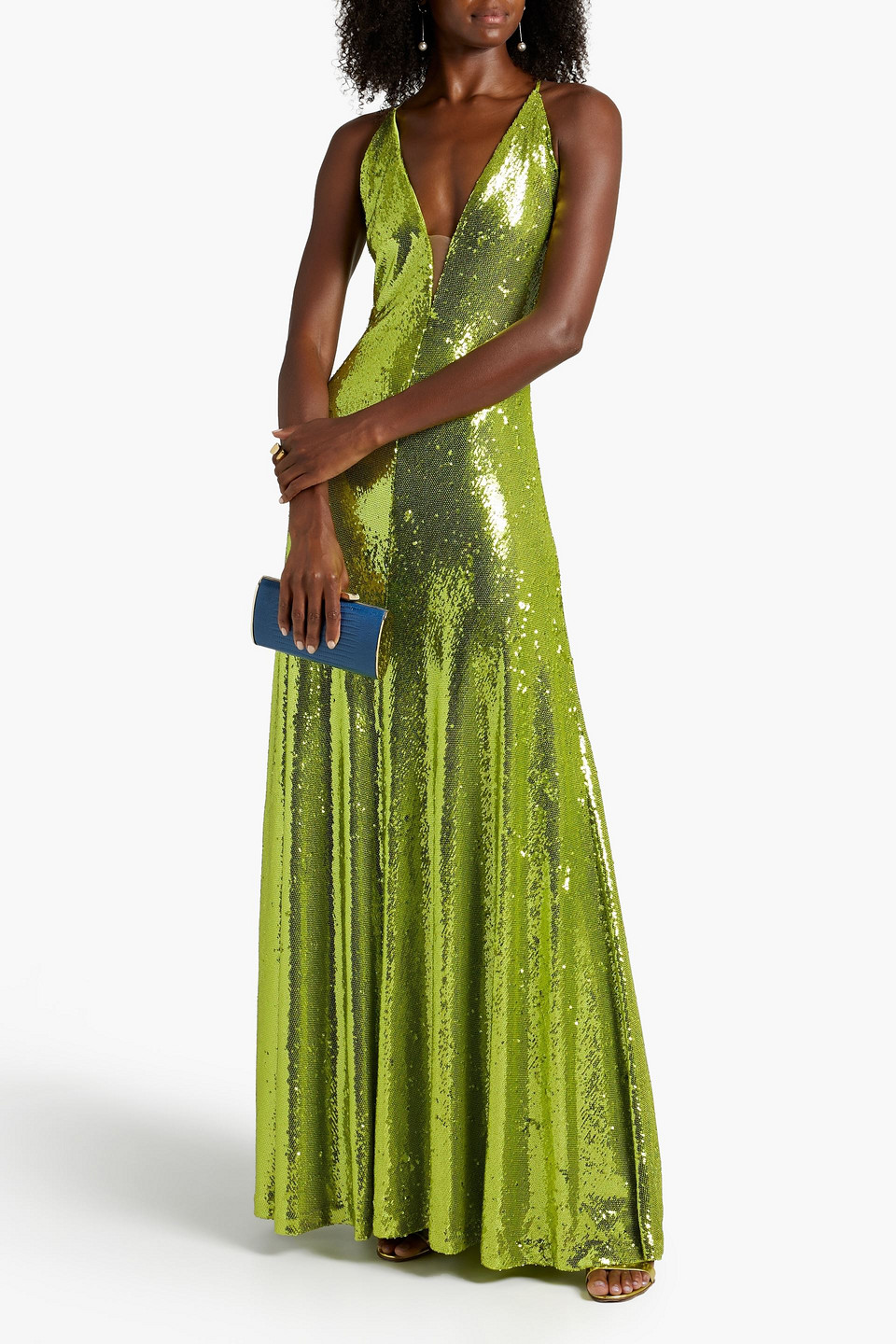Halston Kiara Sequin Plunge Neck Gown In Lime Green