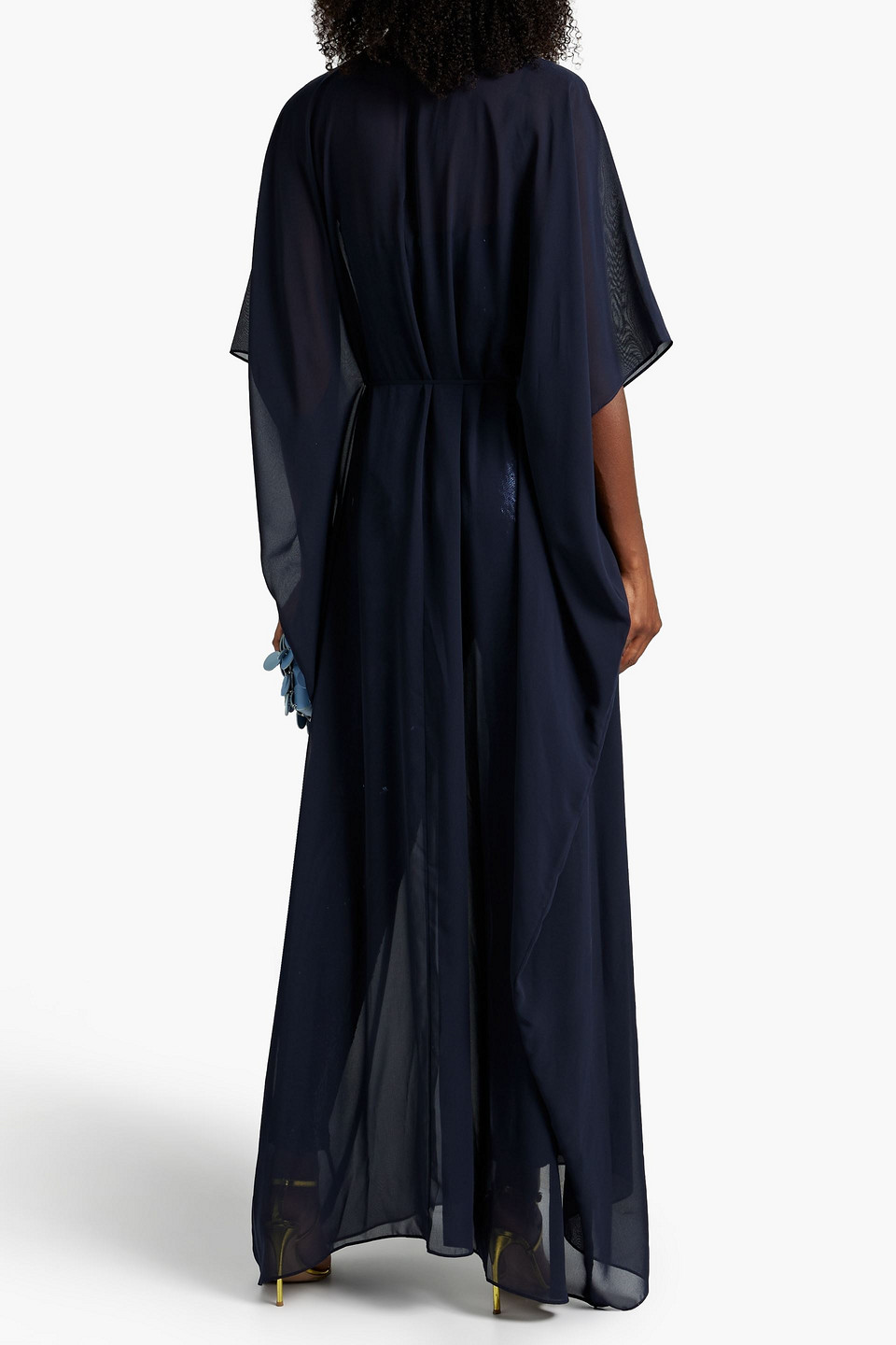 Halston Aj Layered Chiffon And Sequined Mesh Jumpsuit In Navy