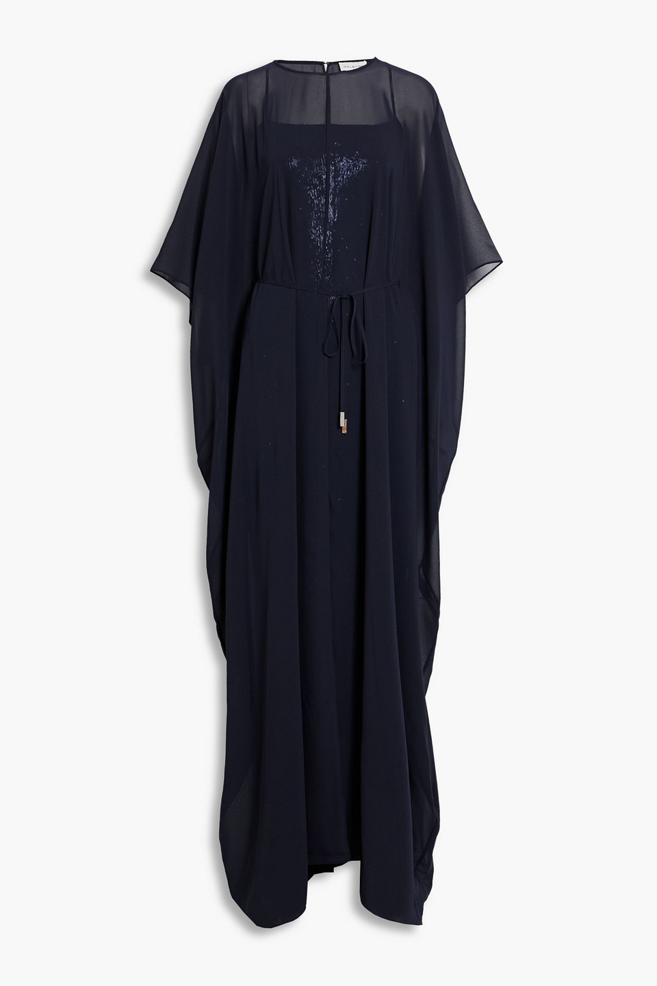Halston Aj Layered Chiffon And Sequined Mesh Jumpsuit In Navy