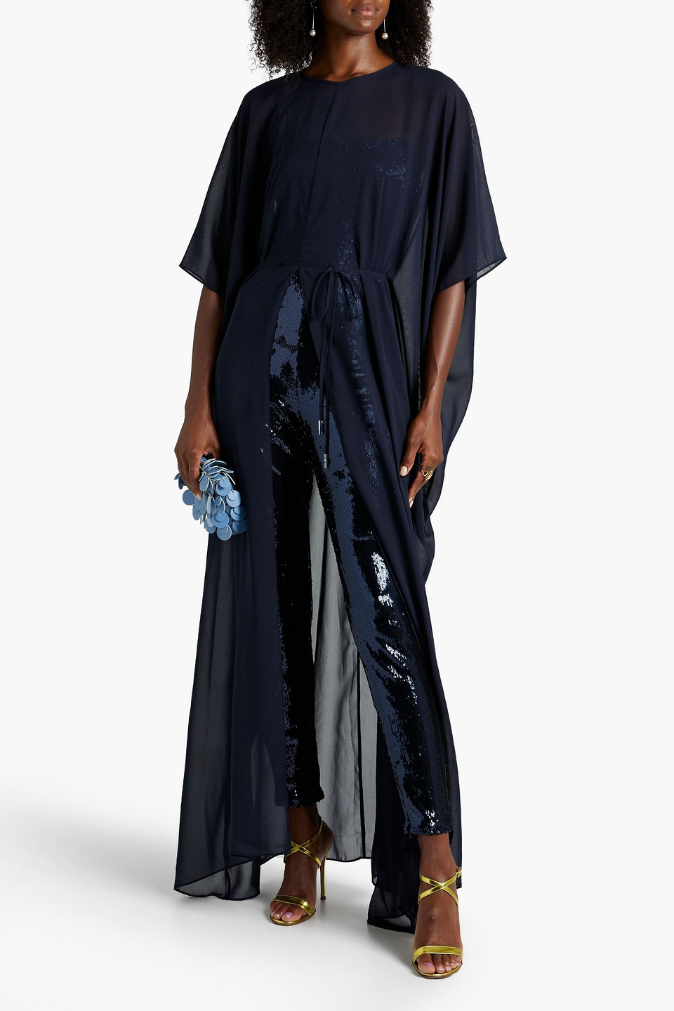 Halston Aj Layered Chiffon And Sequined Mesh Jumpsuit In Navy