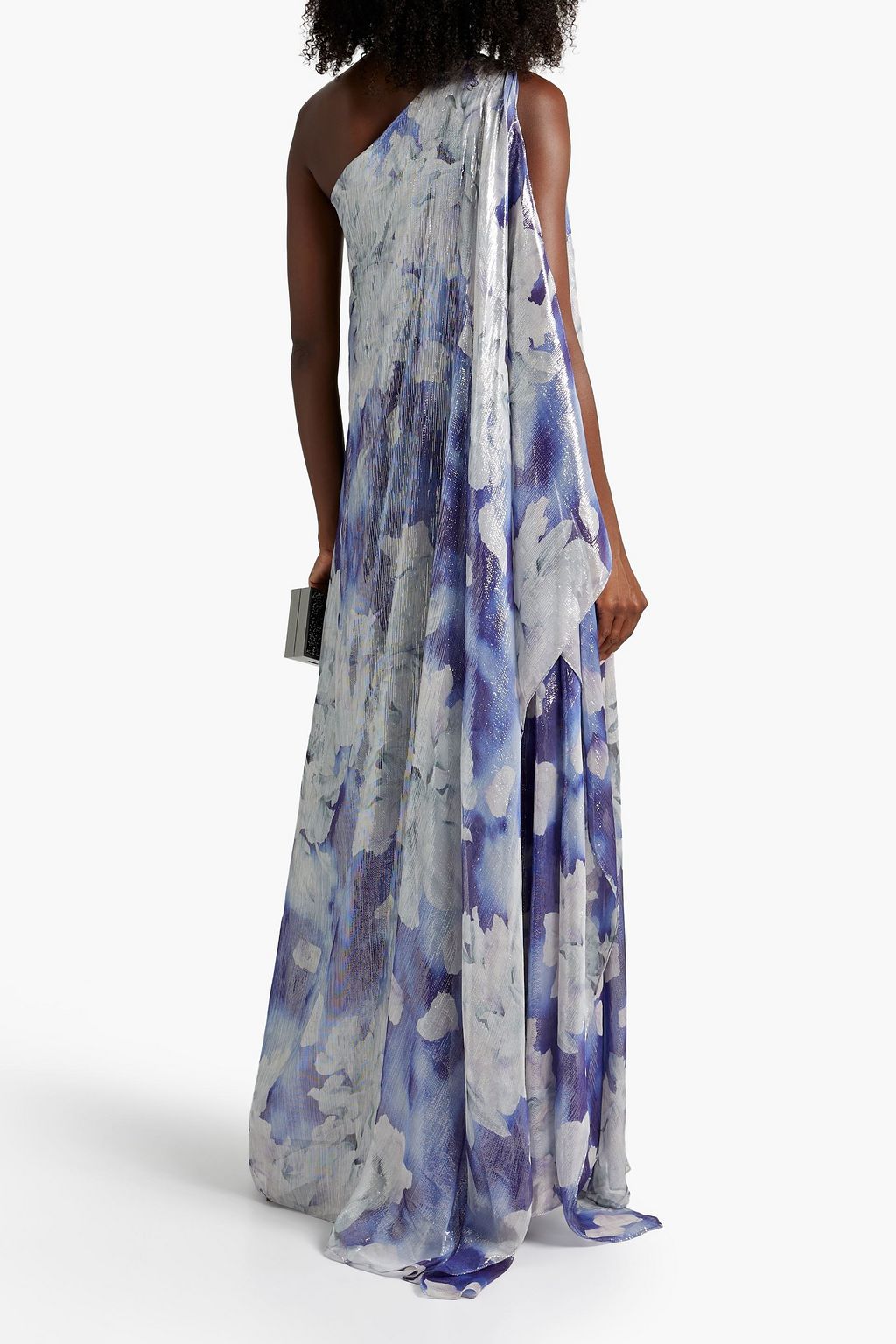 HALSTON Madeline one-shoulder metallic floral-print silk-blend gown