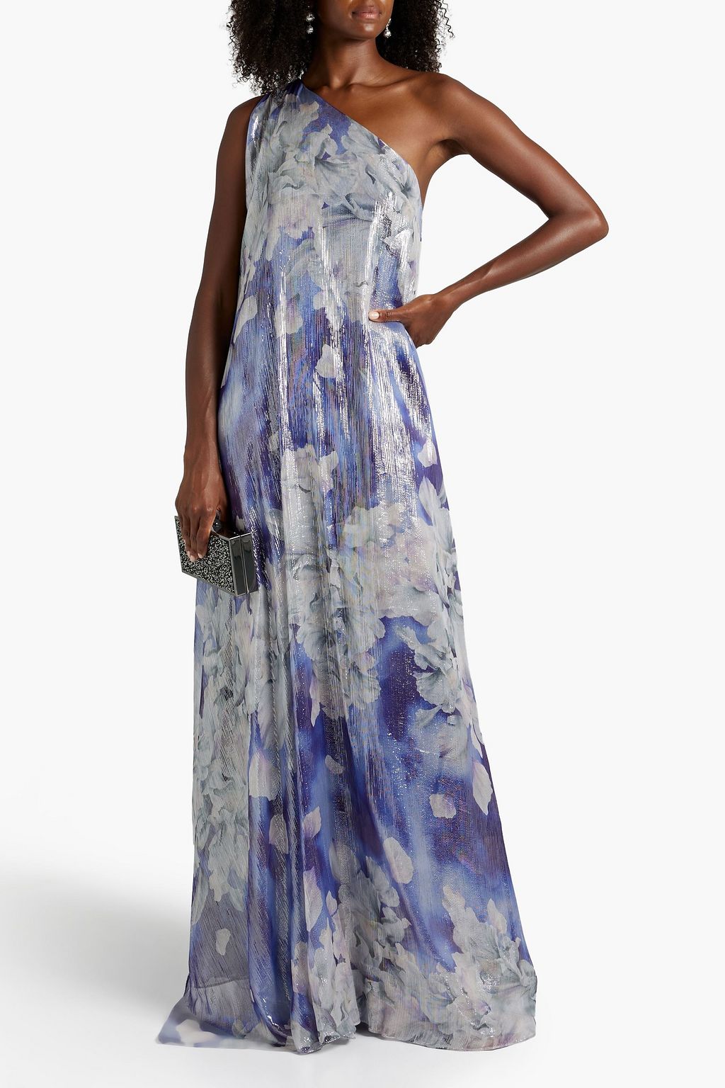 HALSTON Madeline one-shoulder metallic floral-print silk-blend gown