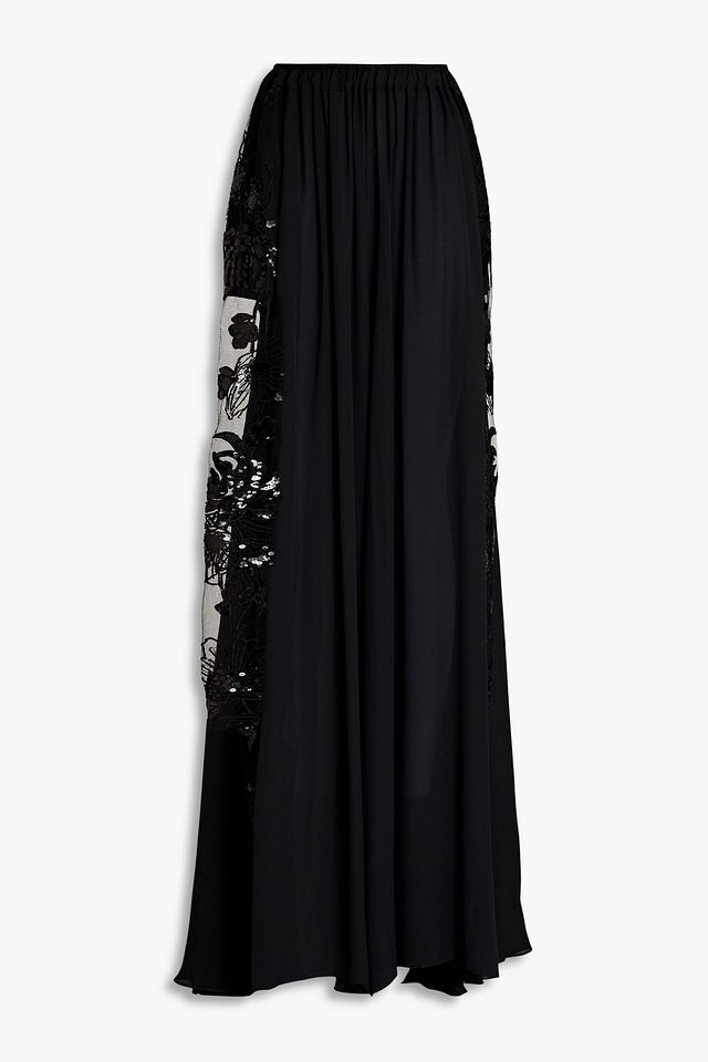 Tulle-paneled silk-blend crepe wide-leg pants