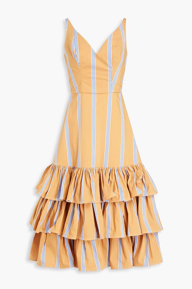 Gathered striped cotton-blend poplin midi dress