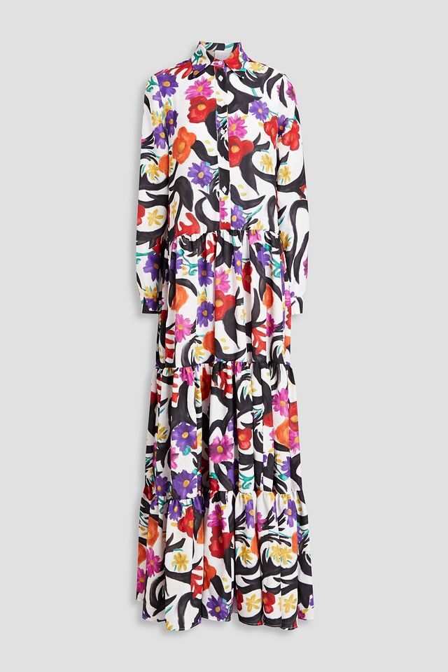 Gathered floral-print crepe de chine maxi shirt dress