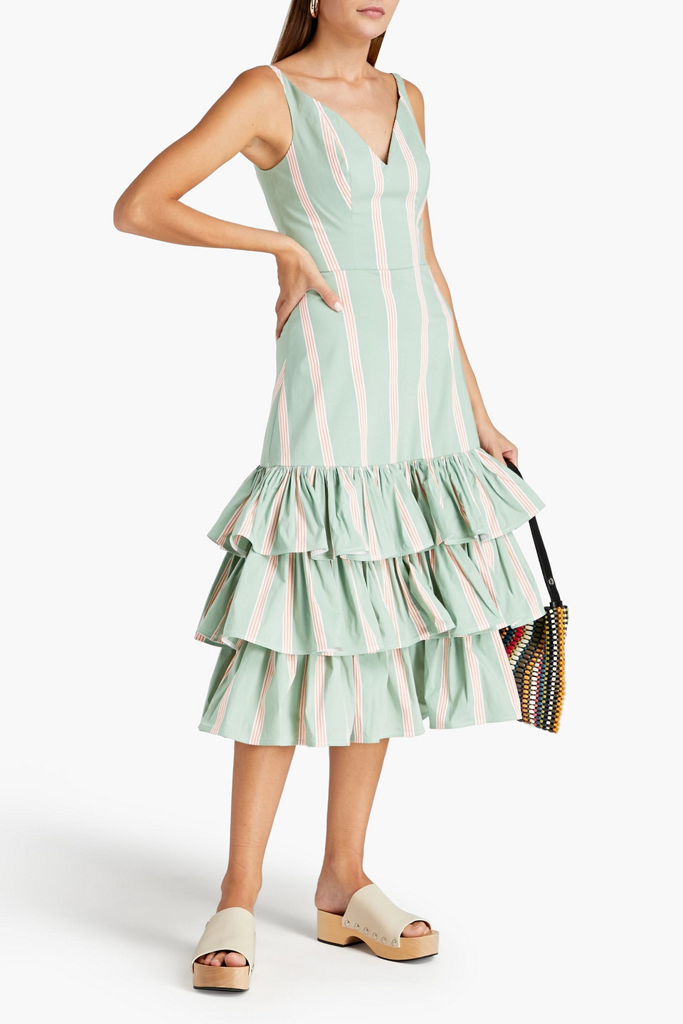  Stella Jean - Gerafftes Midikleid Aus Popeline Aus Einer Baumwollmischung Mit Streifen - Grün - It 40 