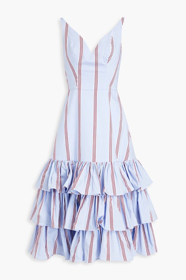 Gathered striped cotton-blend poplin midi dress