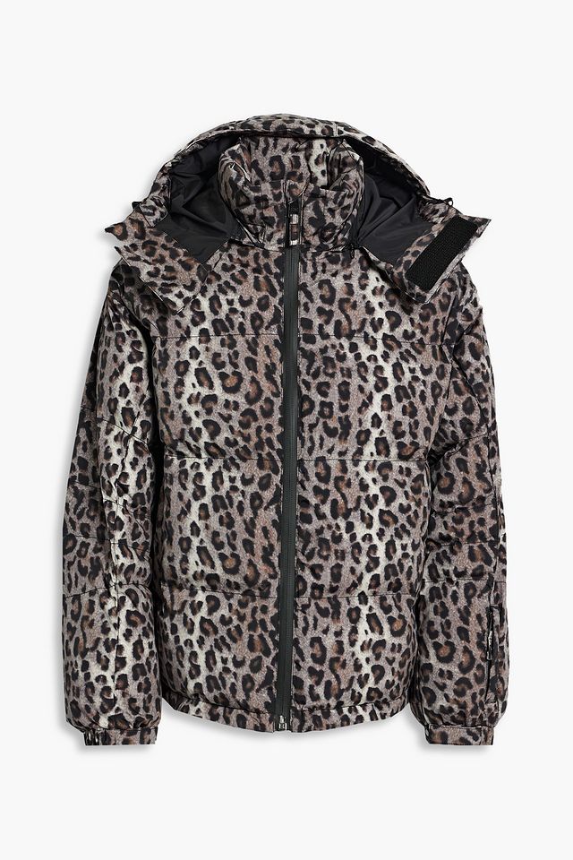 Quilted leopard-print hooded ski jacket