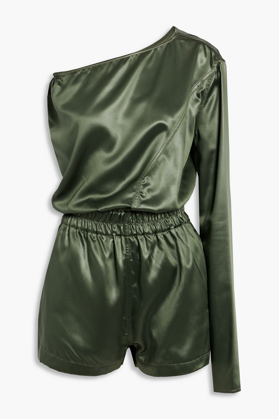Rick Owens One-sleeve Cutout Satin Playsuit In Army Green