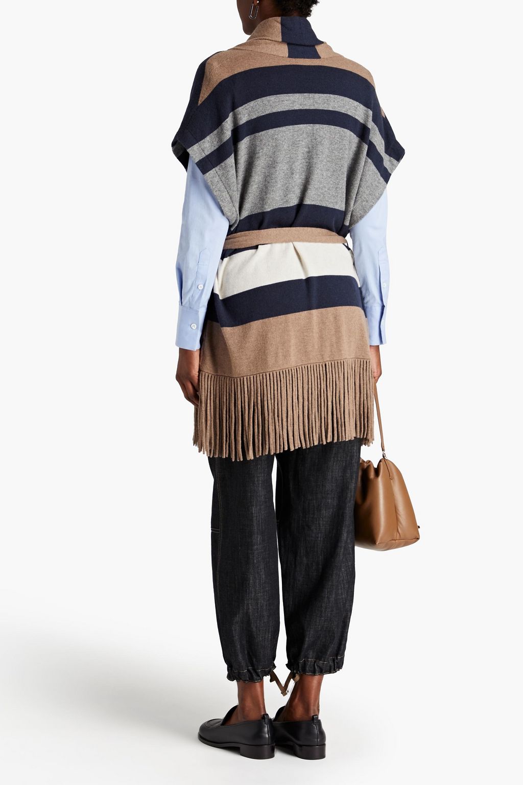 BRUNELLO CUCINELLI Fringed belted striped cashmere cardigan