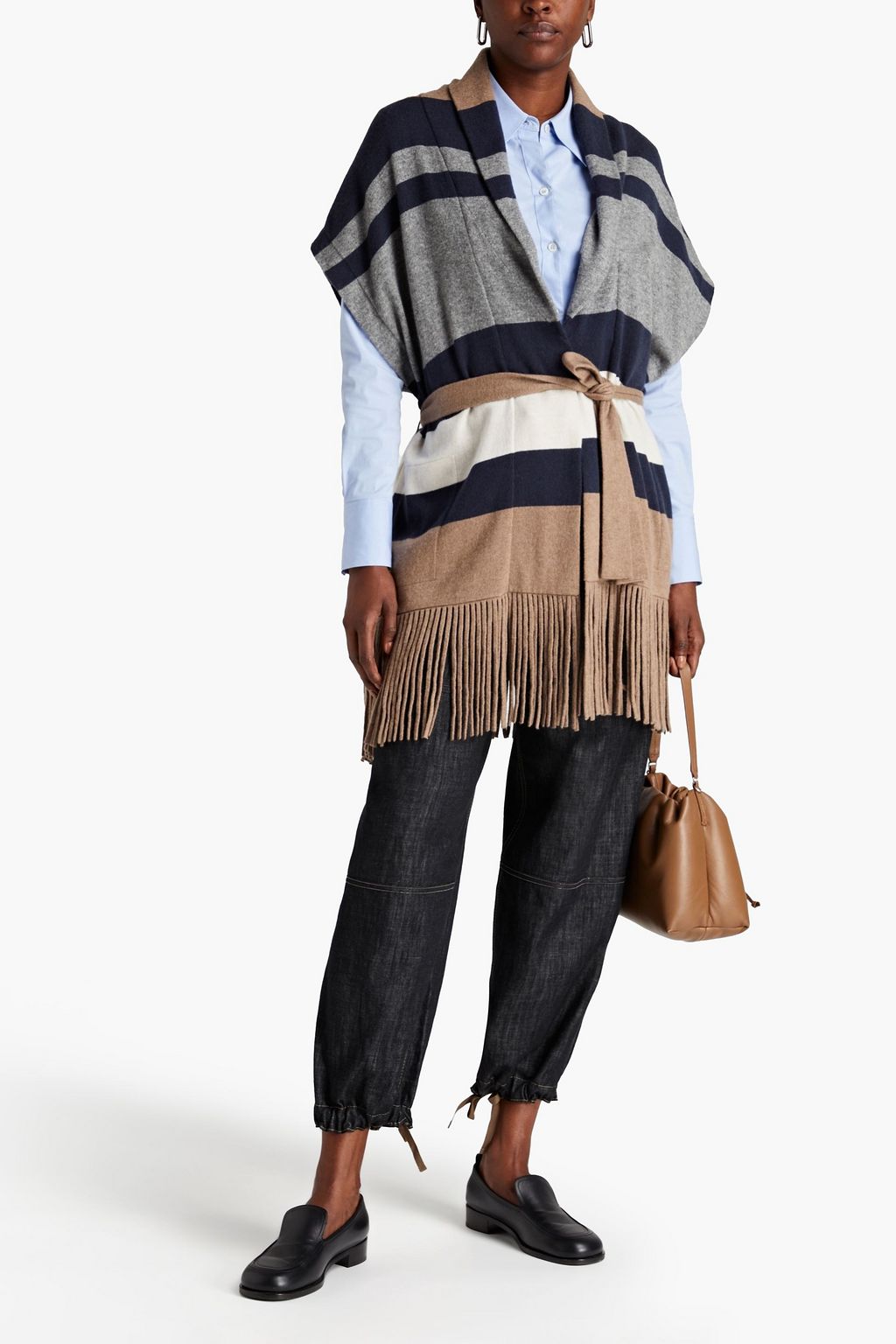 BRUNELLO CUCINELLI Fringed belted striped cashmere cardigan