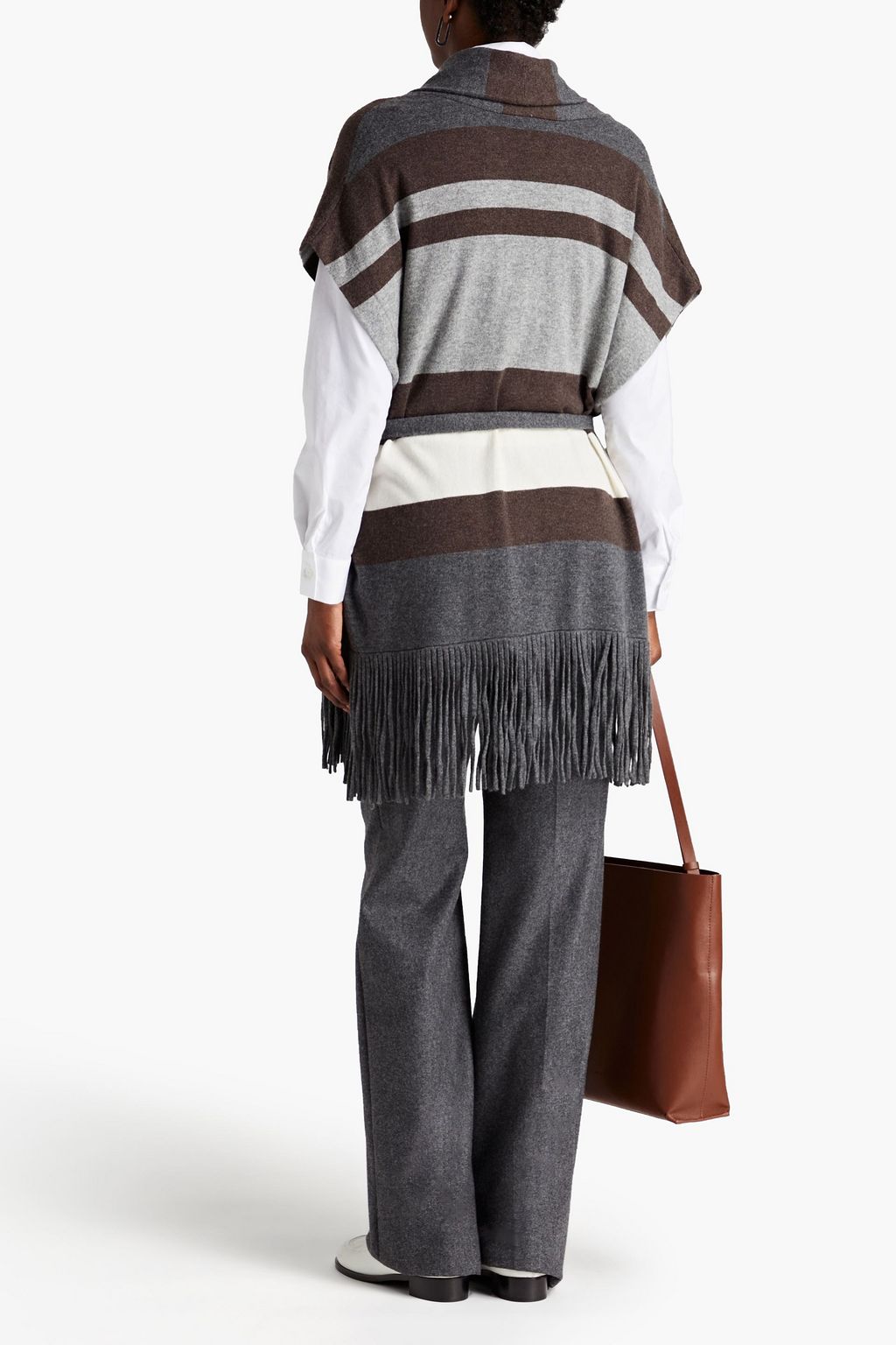 BRUNELLO CUCINELLI Fringed belted striped cashmere cardigan