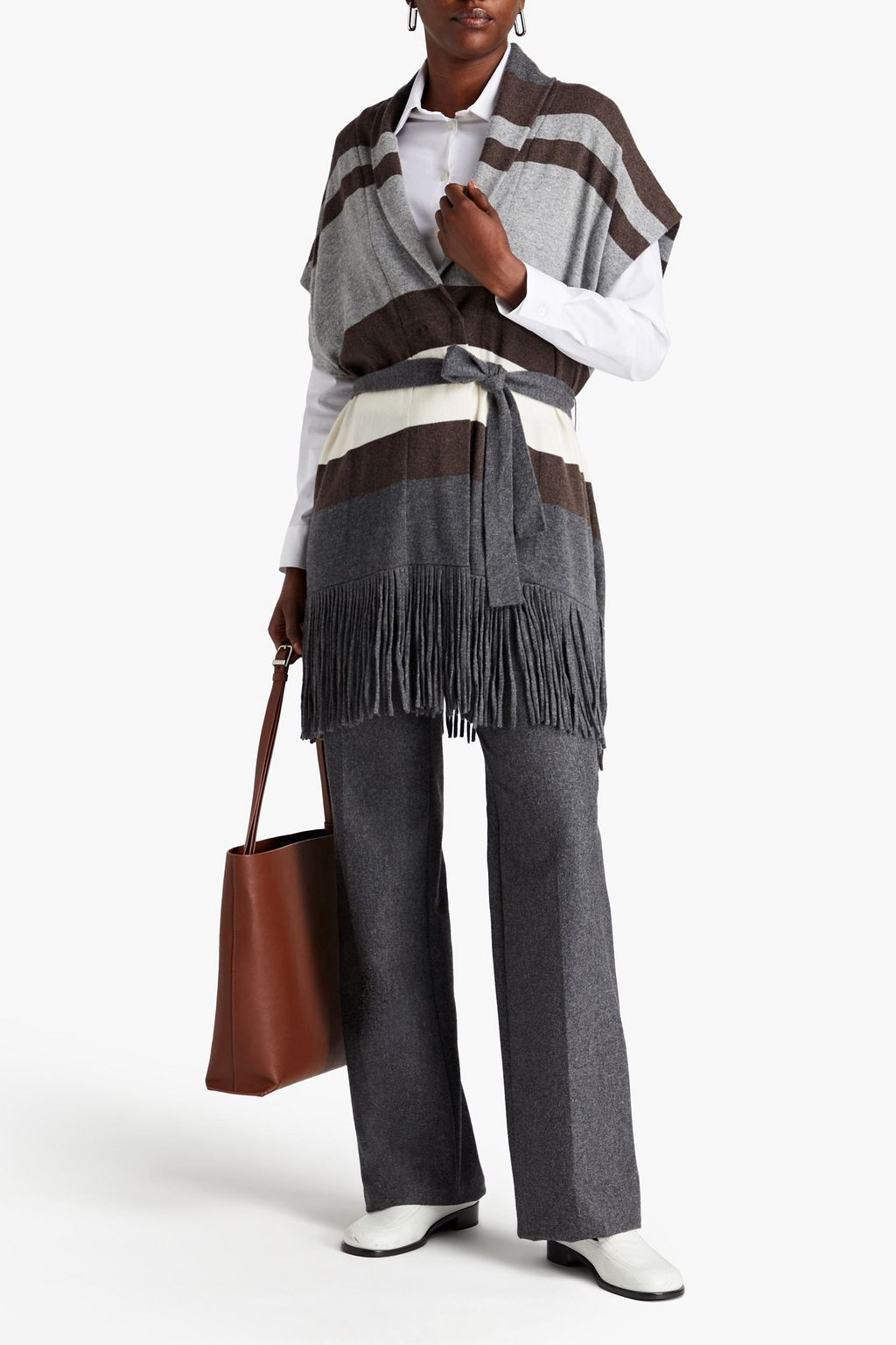BRUNELLO CUCINELLI Fringed belted striped cashmere cardigan