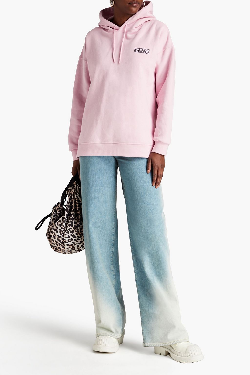 GANNI Embroidered cotton-blend fleece hoodie