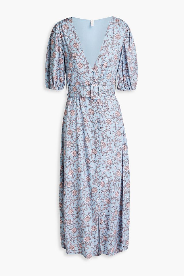 Aurora Helena belted printed crepe midi dress