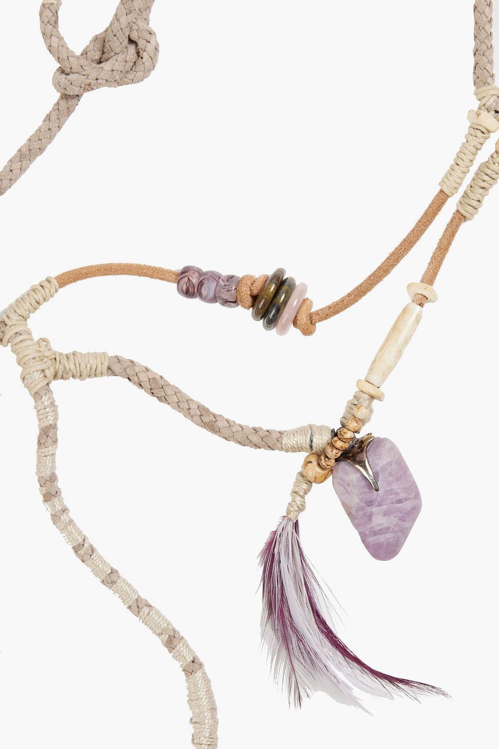 ETRO Suede, feather, shell and multi-stone necklace