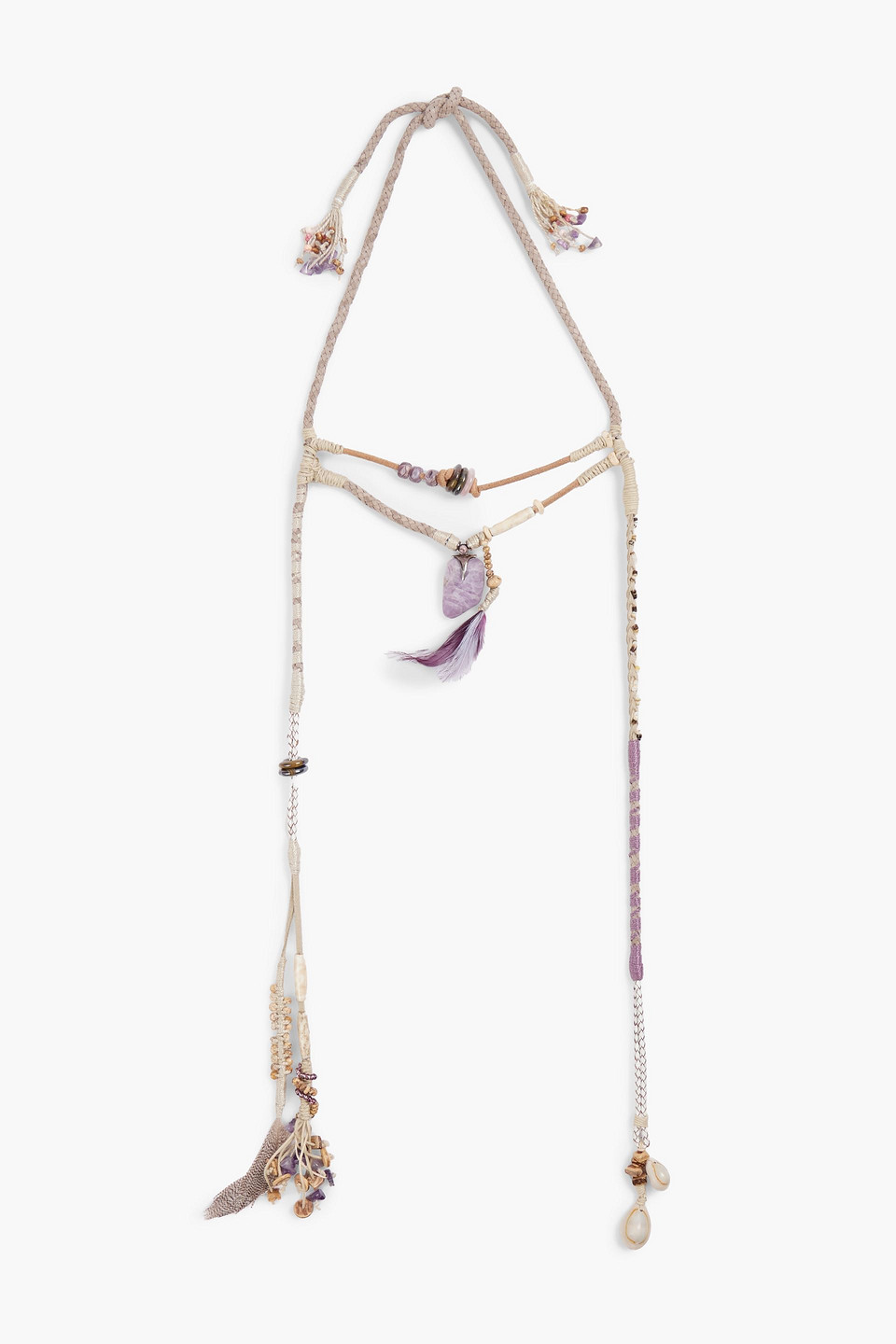 Suede, feather, shell and multi-stone necklace