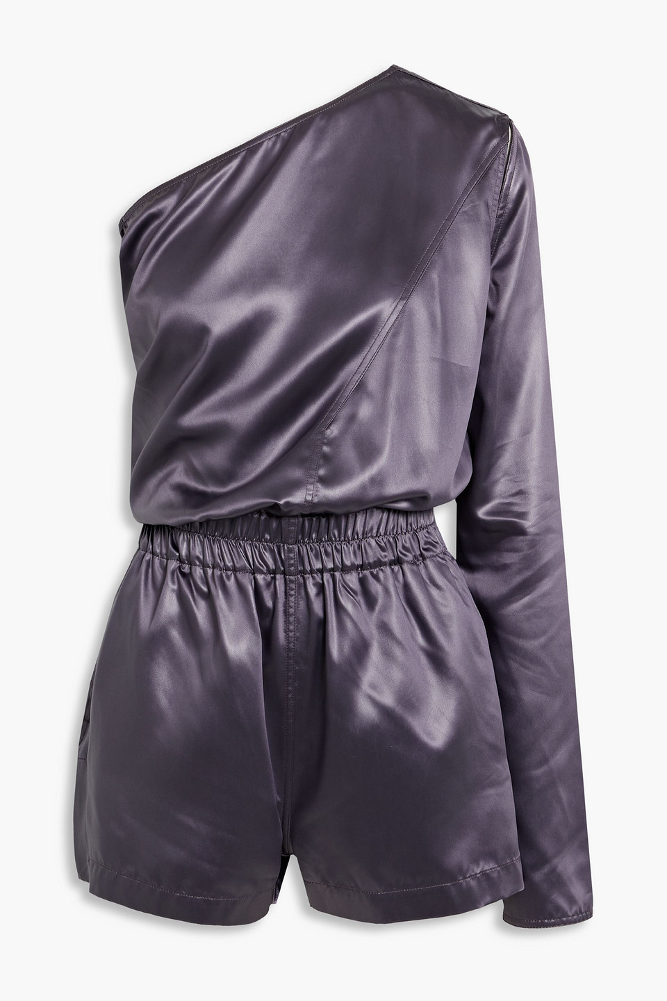 Rick Owens One-sleeve Cutout Satin Playsuit In Dark Purple