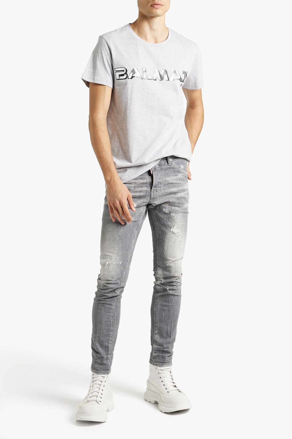 BALMAIN Printed mélange cotton-jersey T-shirt