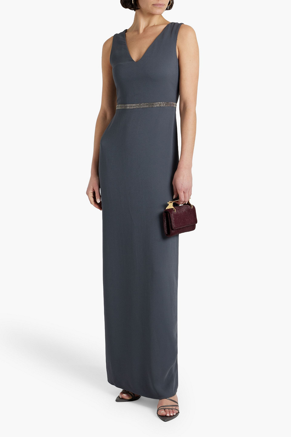 Shop Fabiana Filippi Bead-embellished Crepe Maxi Dress In Anthracite