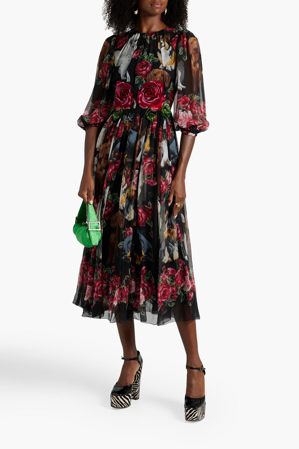 Dolce & Gabbana Gathered Printed Silk-chiffon Midi Dress In Black