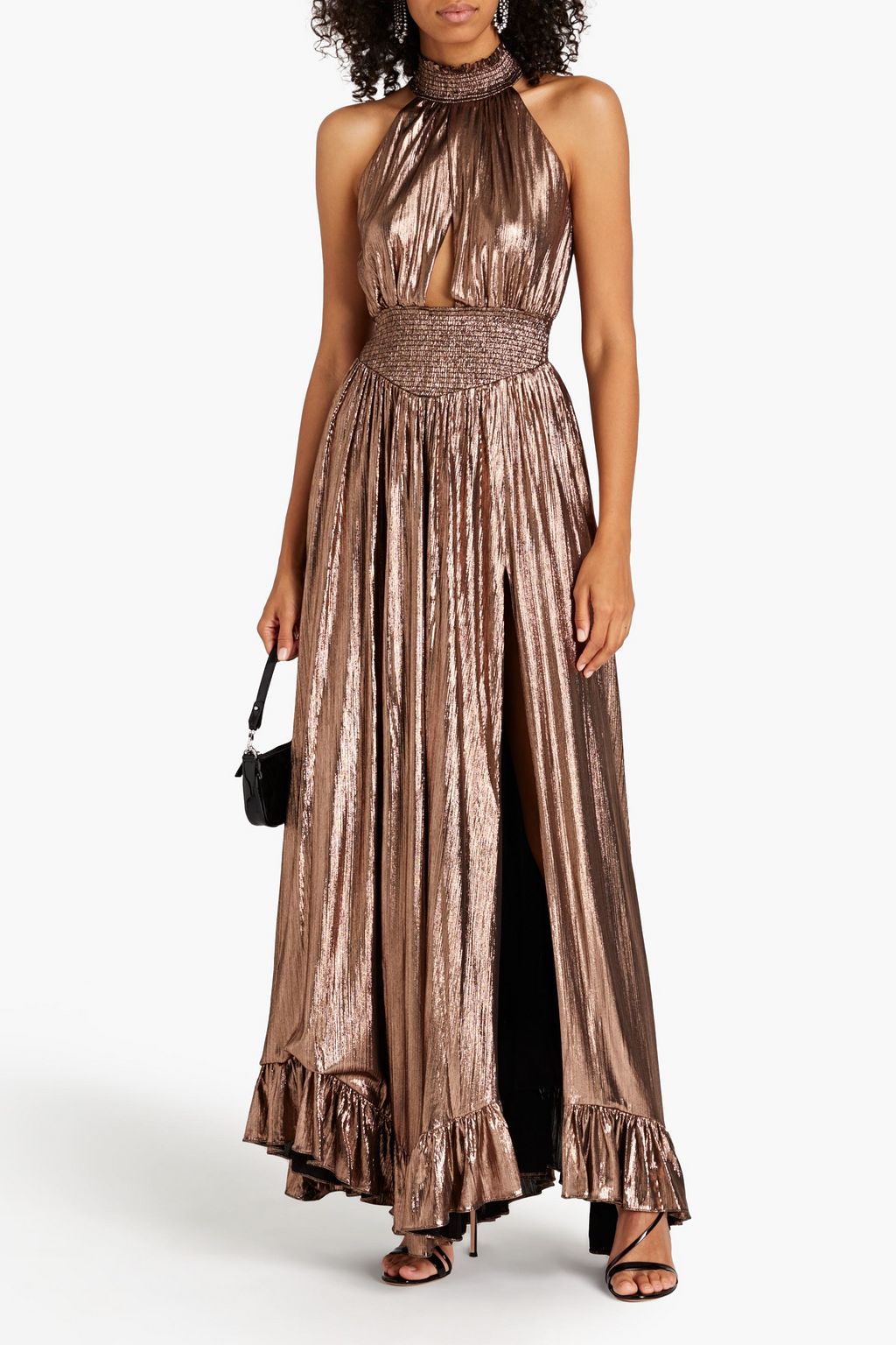 RETROFÊTE Carly cutout shirred metallic jersey gown