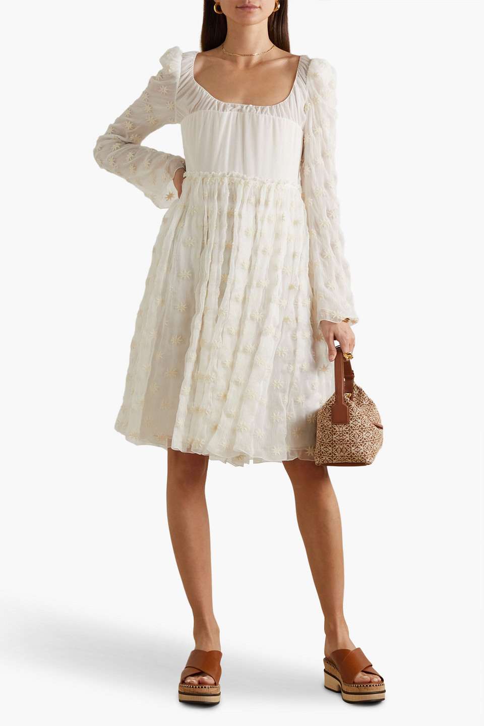 Chloé Embroidered Silk-chiffon And Georgette Dress In Elfenbein