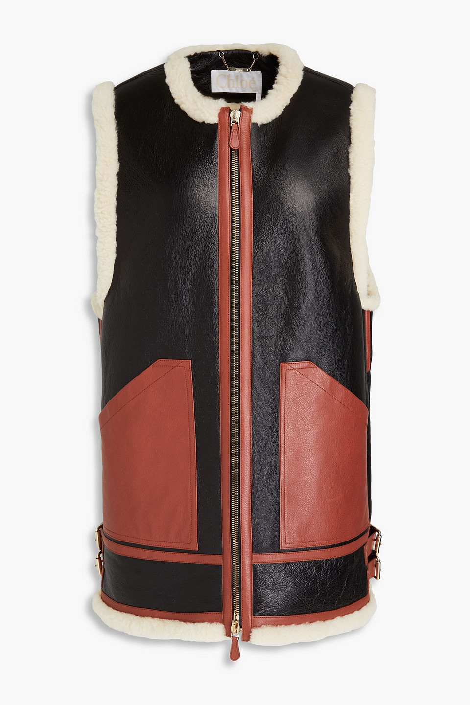 Chloé Shearling-trimmed Two-tone Pebbled-leather Vest In Schwarz